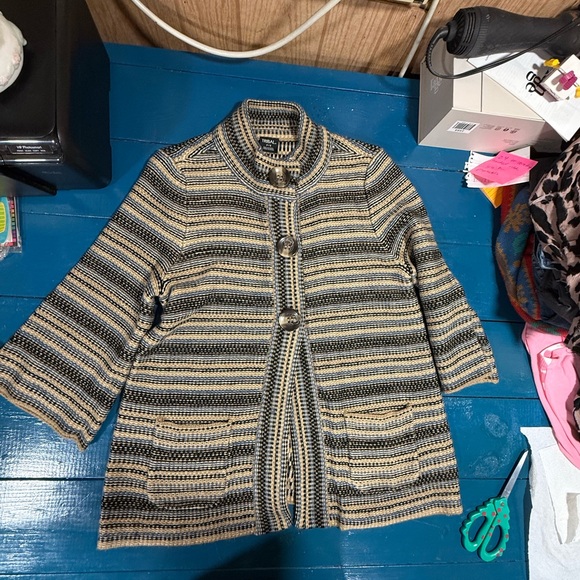 Tribal Multi-Striped Button-Up Sweater big chunky buttons - Picture 2 of 3